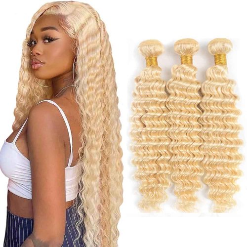 MLMYBAYEA Blonde Human Hair Bundles 613 Deep Wave Bundles 24 26 28 Inch #613 Colored Brazilian Virgin Remy Hair Extensions Double Drown