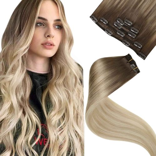 LaaVoo Human Hair Clip in Extensions Light Brown to Ash Blonde Mix Platinum Blonde Balayage Clip in Hair Extensions 22Inch Ombre Blonde Hair Extensions Clip ins Silky Straight 5pcs/80g
