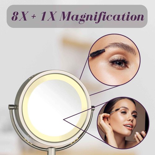 JERDON Wall-Mounted Makeup Mirror with LED Lighting - Lighted Makeup Mirror with 8X Magnification & Nickel Finish Wall Mount - Model HL75N