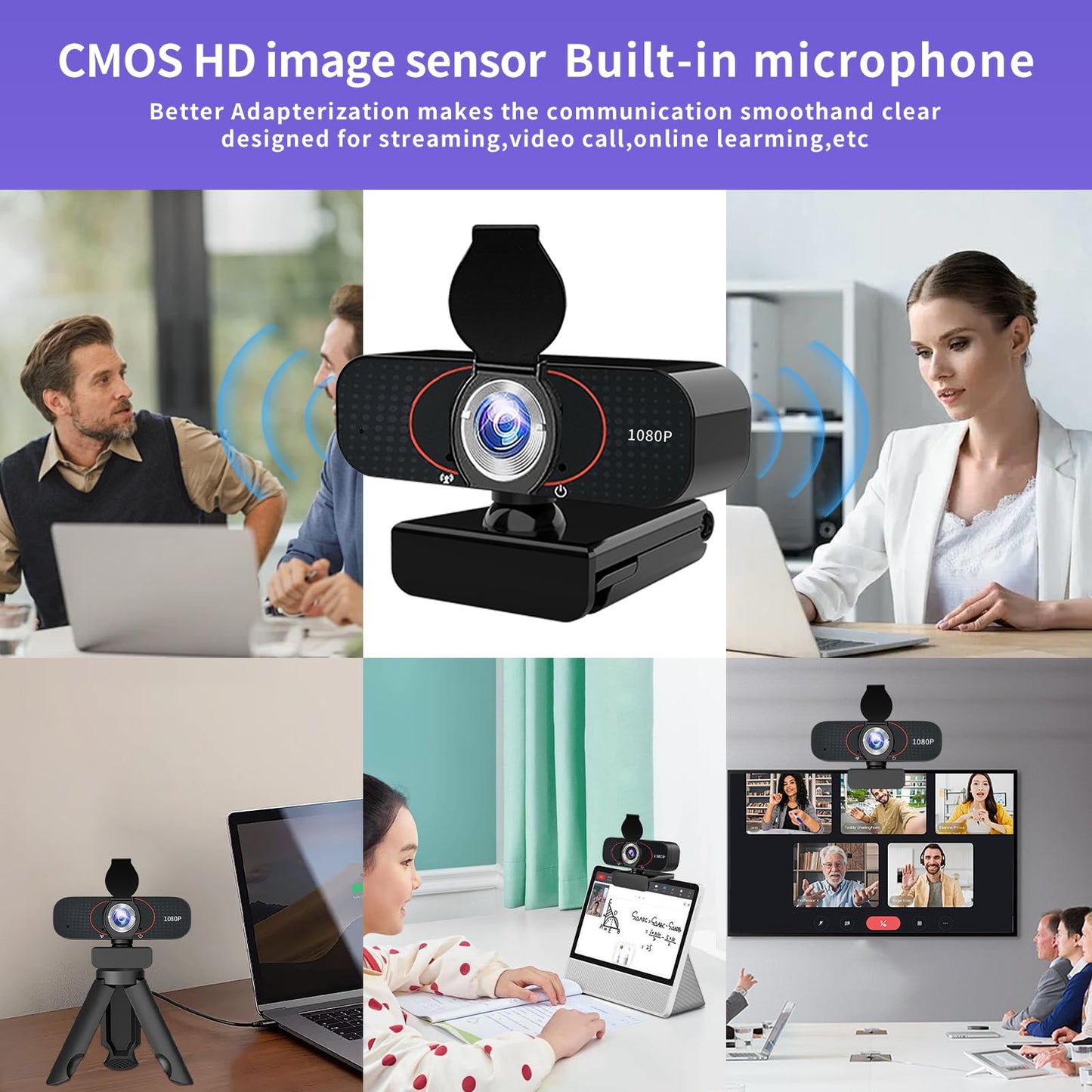 1080P HD Webcam with Microphone, Wide-Angle Lens, Auto Light Correction, Plug Play USB Web Cam with Tripod, Stand, External Camera for Laptop, Desktop Computer, PC, Mac, Zoom, Skype, Streaming, Gaming