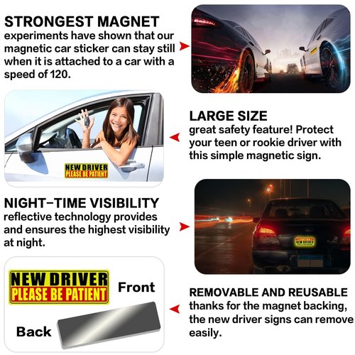 Sukh New Driver Magnet for Car - Student Driver Car Magnet Funny Safety Warning Magnetic Reflective Reusable Signs for Teenage Driving 3 Pcs