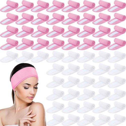 Tigeen 80 Pcs Spa Headband Bulk Adjustable Facial Headbands for Women Skincare Makeup Shower Hair Wraps for Washing Face(White Pink)