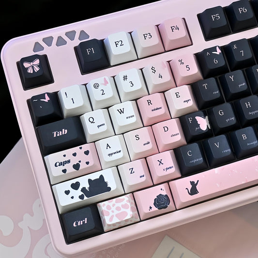 ZMX Black Pink Gradient Keycaps,Cute Cat Aesthetic Rose Custom Keycap Set Cherry Profile Dye Sublimation PBT Keycaps for Cherry MX Switches 60% 75% 100% Mechanical Keyboard (139 Keys)