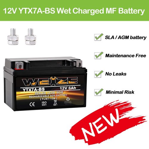 Weize YTX7A-BS High Performance - Maintenance Free - Sealed AGM Motorcycle Battery Compatible with Gas Gy6 Scooter Moped 50CC 125CC