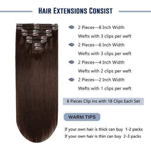 Sunya Real Human Hair Clip in Extensions - Dark Brown, Double Weft, Straight, 20 Inch #2, 8 Pcs/120g