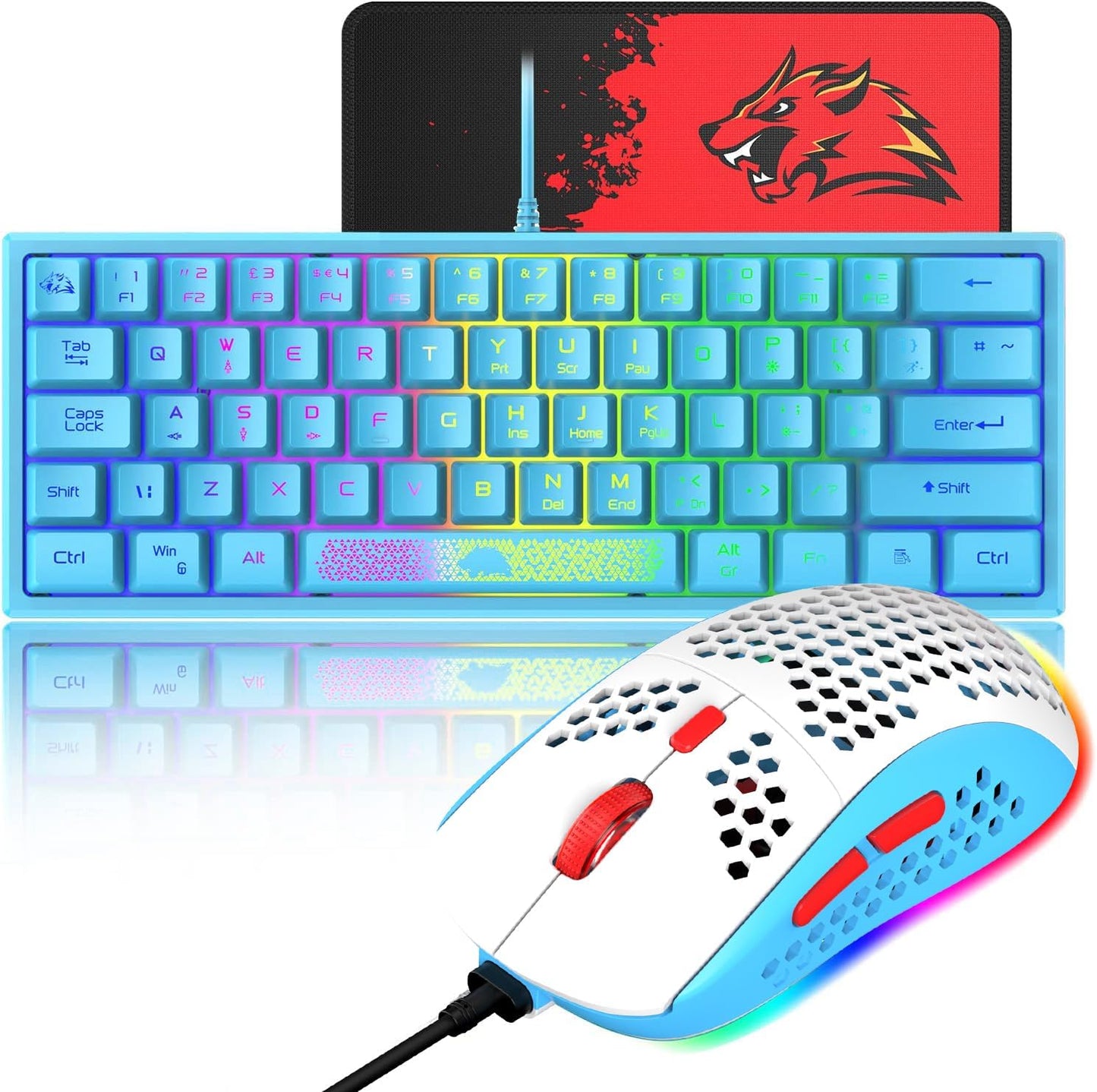 60% Gaming Keyboard and Mouse Combo Small Mini RGB Backlight Mechanical Feeling and Mechanical RGB 6400 DPI Honeycomb Optical Mouse,Gaming Mouse pad for Gamers and Typists Black