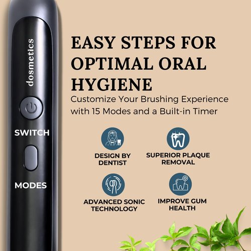 dosmetics Electric Toothbrush for Adults, Sonic Toothbrush with Replaceable Heads and 15 Brushing Modes, Rechargeable Waterproof Toothbrushes for Plaque Removal with Charging Base and Travel Cap