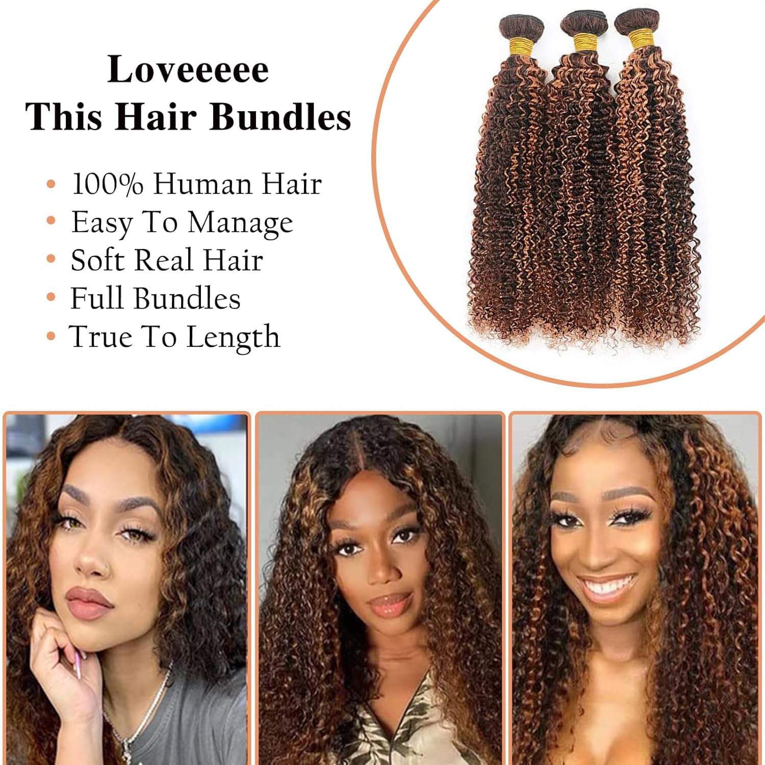 Giginger Jerry Curly Human Hair Bundles 14 16 18 Inch Brazilian Chocolate Brown Highlight P4/30 Jerry Curly Bundles Human Hair 100% Unprocessed Raw Quick Weave Hair for Black Women