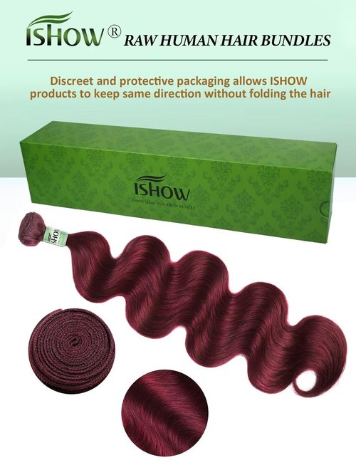 ISHOW Raw Human Hair Bundles, 100% Unprocessed Virgin Human Hair, 15A Body Wave Premium Quality Bundles Producer, 14 Inch Single Bundle, Long Lasting, Red Burgundy Color 99J