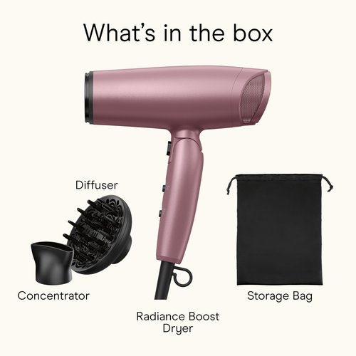 Conair Hair Dryer with Diffuser and Folding Handle, 1875W Travel Blow Dryer with Concentrator, Radiance Boost with Nano-Quartz Ceramic for Less Frizz, More Shine, and Silky Hair, Dusty Rose