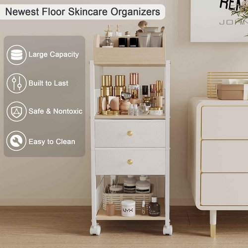 Floor Makeup Organizer Storage Cart - Rolling Makeup Cart with Drawers, Skincare Make Up Organizers and Storage, Cosmetics Display Cases Holder for Skin Care Nail Polish Perfume Makeup Brush (White)