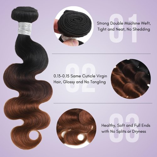 AUROO T1B/2/30 Chestnut Brown Ombre Human Hair Bundles Body Wave 24 Inch, 12A Thick Track 100% Virgin Human Hair Bundles Dark Roots Bundle 3 Tone Ombre Medium Auburn Colored Single Bundle Quick Weaves