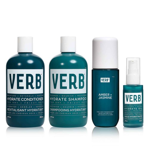 Hydrate Bundle: Shampoo & Conditioner Duo, 12 oz + VERB Hydrate Oil, 2 oz – + VERB Hair and Body Mist - Fragrance Amber & Jasmine, 5 oz