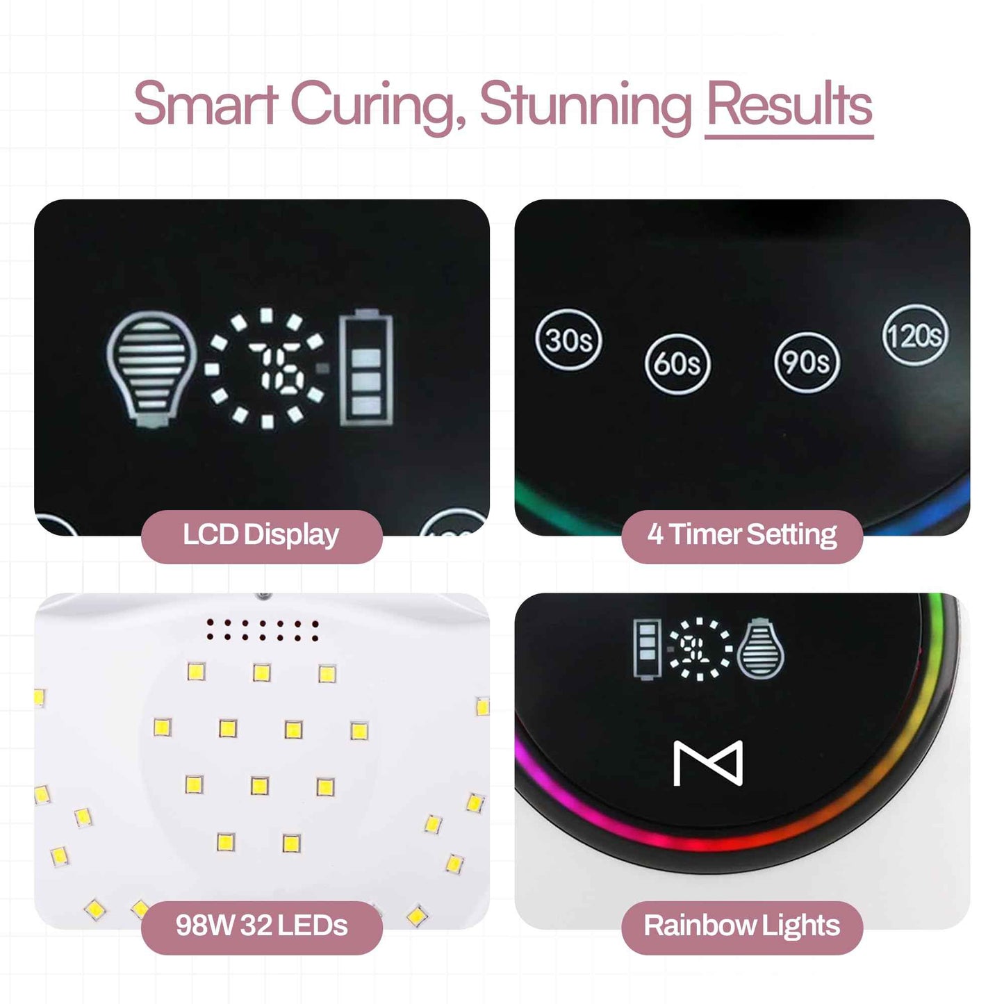 M - HaloLite LED Nail Curing Lamp 98W, 32 LEDs, Wireless Rechargeable with 5200mAh Battery, Fast UV/LED Gel Nail Dryer for Salon & Home Use, Long-Lasting, Portable, Cordless Design (Pink)