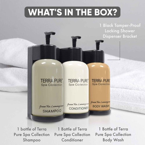Terra Pure Spa Collection | Wall-Mounted No-Drill Hotel Amenities Dispenser | 10.14oz Bottles | Tamper-Proof Locking Bracket | 1 Bracket with Shampoo, Conditioner, and Body Wash