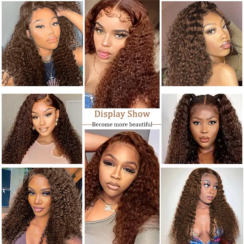 Pinketer Deep Wave Lace Front Wigs Human Hair Chocolater Colored 13x4 Curly Lace Front Wig Human Hair Wigs for Black Women Curly Wig Natural Hairline (#4 Color, 24inch)