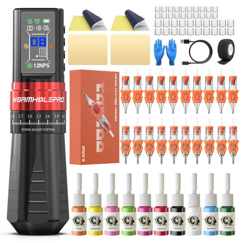 WORMHOLEPRO Tattoo Gun Adjustable Tattoo Pen Stroke, Tattoo Kit with Dotwork Mode, Memory Function, Professional Grade Tool Suitable for Beginners and Professional Tattoo Artists - Black