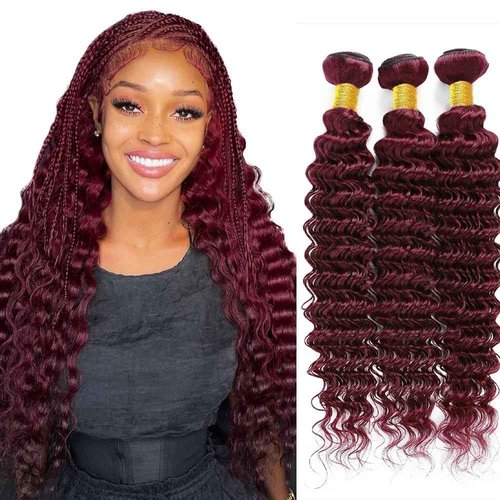 FuivJuix #99J Burgundy Bundles Deep Wave Bundles Human Hair 34 34 34 Inch Brazilian Virgin Hair Wine Red Deep Wave Bundles Human Hair Extensions 3 Bundle 50 Gram Per Bundle
