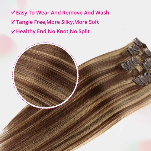 Asteria Hair Clip In Hair Extensions Real Human Hair for Women Highlights Chocolate Brown to Caramel Blonde Colored Hair Extensions Straight Hair 7pcs 120g 20 Inch