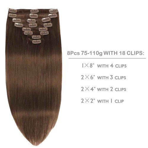 Ailiceehr Human Hair Clip in Hair Extensions #4 Chocolate Brown 80g 16inch Real Human Hair Extension Striaght 8Pcs Double Weft Thick and Soft.