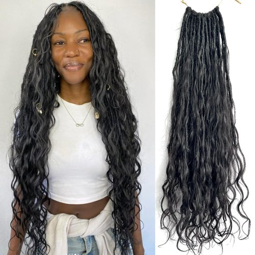 Francesca Hair Pre-looped Crochet Boho Faux Locs with Human Hair body wave Ends Boho Hair Braids Goddess Dreadlocks Hair for Black Women Natural Color 22 Inch (Pack of 1)