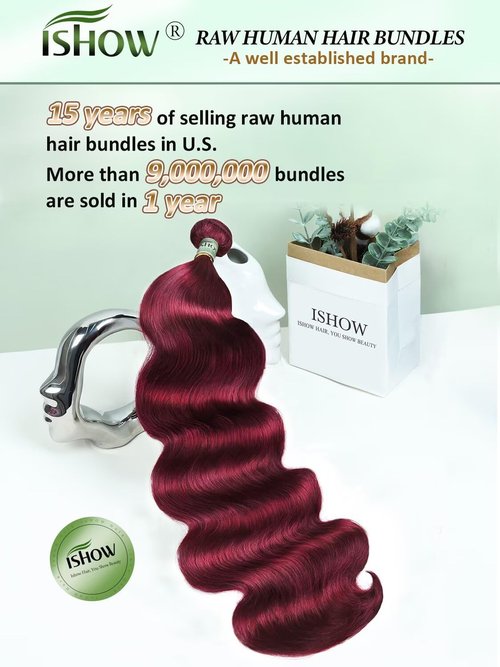 ISHOW Raw Human Hair Bundles, 100% Unprocessed Virgin Human Hair, 15A Body Wave Premium Quality Bundles Producer, 14 Inch Single Bundle, Long Lasting, Red Burgundy Color 99J