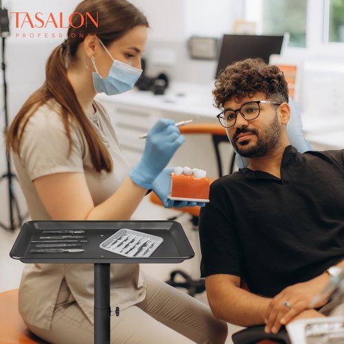 TASALON Black Salon Tray on Wheels, 2pcs Adjustable Instrument Tattoo Tray Cart with Wheels, Aluminum Salon Rolling Tray for Hairstylist, Sap, Medical