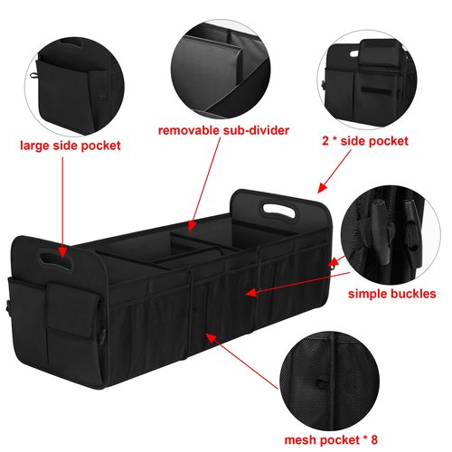 Femuar Large Capacity Trunk Organizer, Waterproof Car Accessory, Non-Slip, Foldable, Suitable for All Vehicles, Black