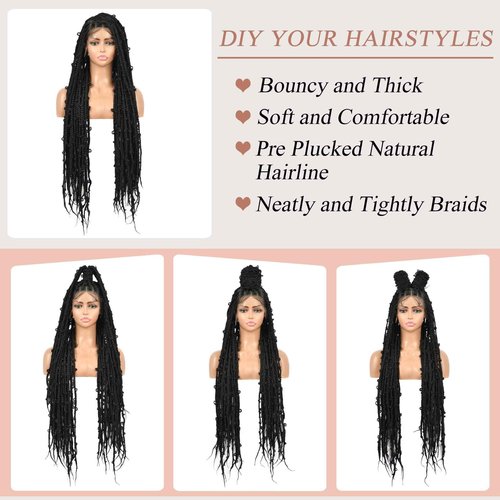 Lexqui 36" Knotless Box Braided Wigs for Women Butterfly Lace Braided Wigs Embroidery Full Double Lace Front Braided Wig with Baby Hair Synthetic Lace Frontal Braiding Hair Wigs Black