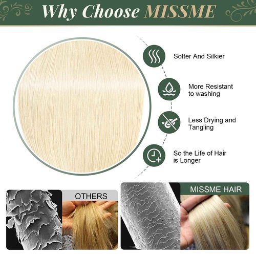 Missme Tape in Hair Extensions Human Hair 18 inch 20 Pcs 50g #60 Platinum Blonde Tape ins Human Hair Extensions Remy Hair Skin Weft Seamless Invisible Silky Straight Thick Ends Add Length
