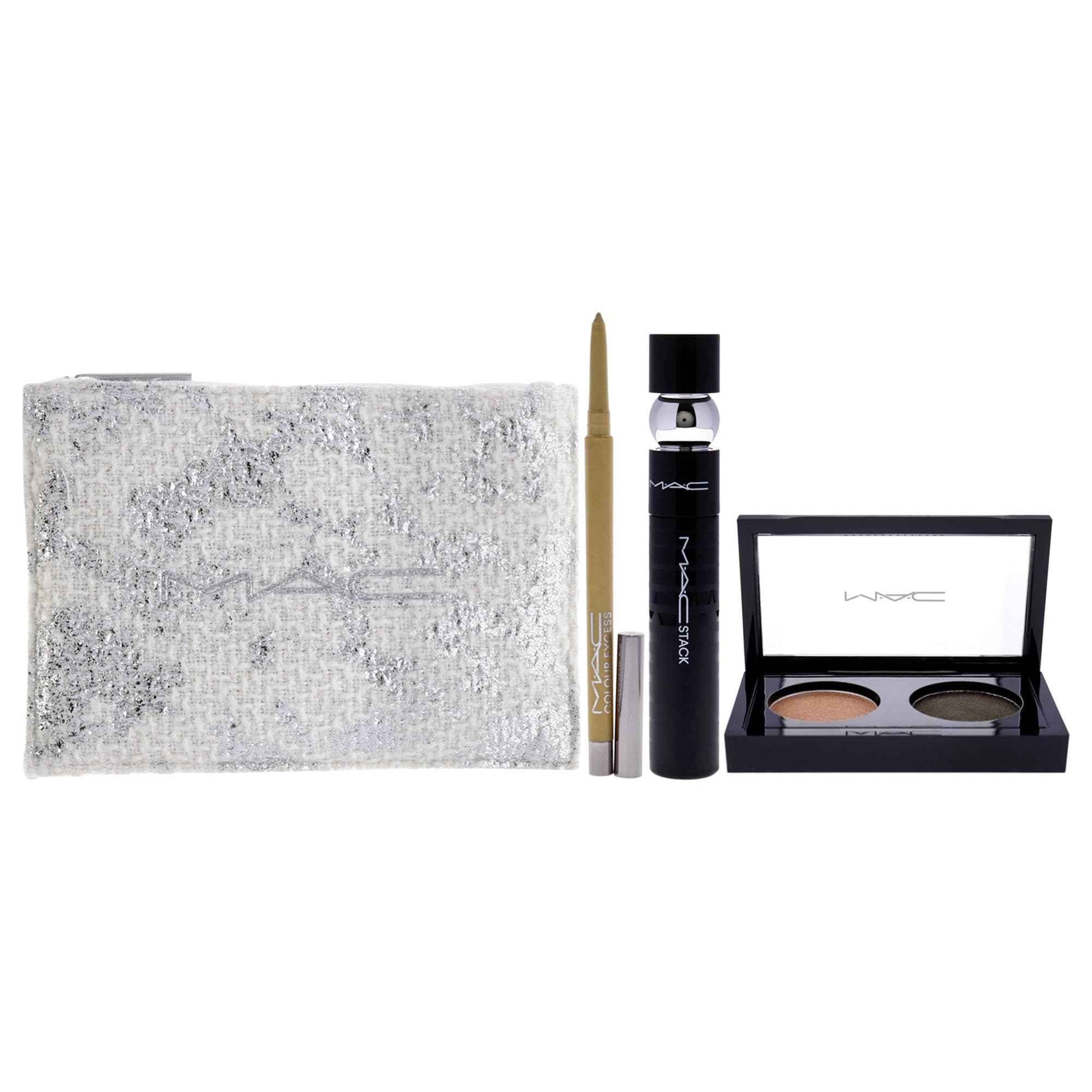 MAC Snowtrance Eye Kit for Women - 4 Pc 0.1oz Eye Shadow Duo, 0.41oz M-A-C Stack Mascara - Black, 0.01oz M-A-C Colour Excess Gel Pencil Eye Liner - Gold Goals, Pouch