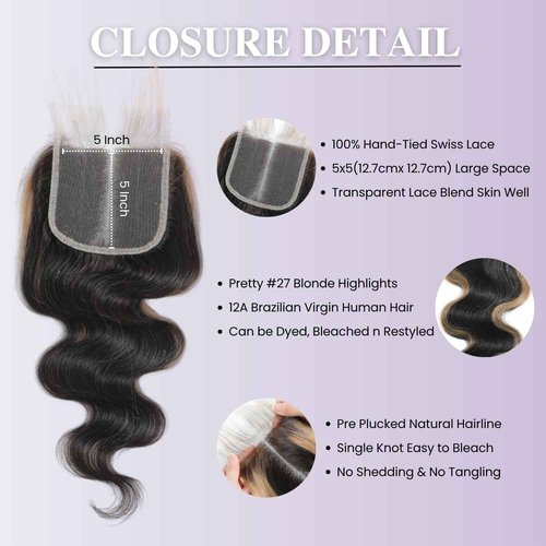 AUROO Honey Blonde Highlight 5x5 Lace Closure Only Human Hair Body Wave, 12A Virgin #27 Ombre Skunk Stripe HD Transparent Lace Closure Pre Plucked with Baby Hair Larger Parting (150% Density, 12 IN)