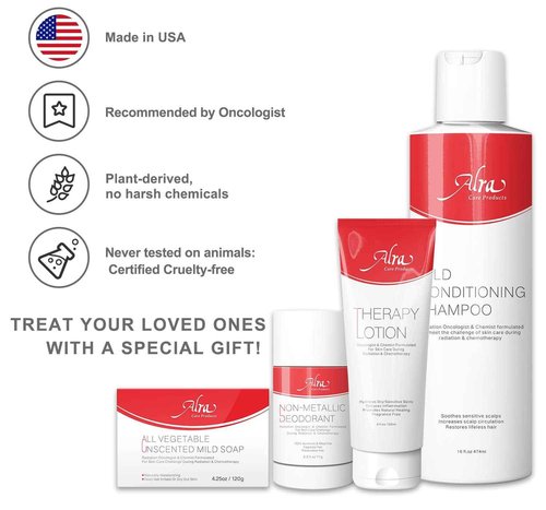 Alra Chemo & Radiation Kit Therapy Skincare Bundle (4-Piece Set) Deep Moisturizing Lotion, Mild Soap, Conditioning Shampoo, Non-Metallic Deodorant | Natural, Soothing Wellness for Cancer Patients