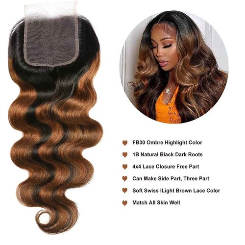 UNICE Ombre Highlight Body Wave 4x4 Lace Closure Free Part, Brown Human Hair Wavy Closure with Dark Roots FB30 Color 14 inch