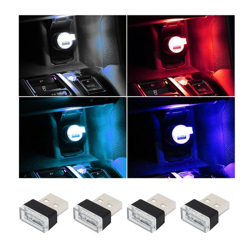 Augeny 4 PCS USB LED Car Interior Atmosphere Lamp, Plug-in USB Decor Night Light, Portable Auto Ambient Lighting Kit, Universal Vehicle Interior Accessories for Most Cars (White+Red+Blue+Ice Blue)