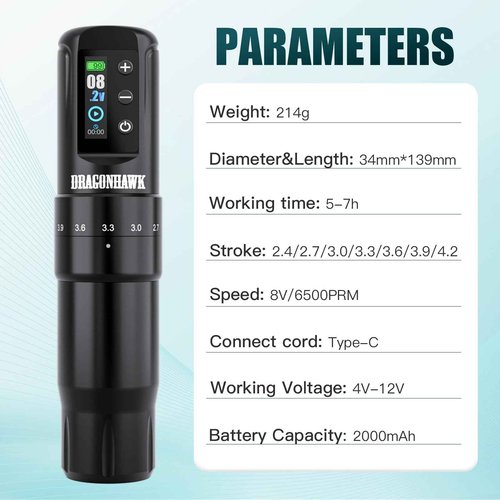 Dragonhawk Atom2 Pro Cordless Tattoo Pen Machine - 7 Storkes Length Professional Rotary Tattoo Gun for Lining Shading Mcore Motor 2000mAh Battery Power Supply (1 Battery)