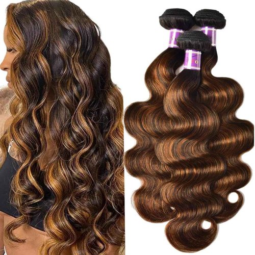 UNice Brown Highlight Body Wave Human Hair Weave 3 Bundles 10 12 14 inch, Brazilian Remy Hair Ombre Blonde Human Hair Wavy Weaves Sew in Piano Color TFB30