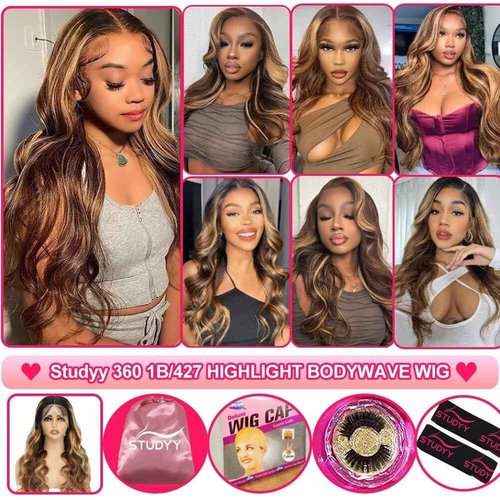studyy Ombre Highlight Body Wave 360 Lace Front Wigs Human Hair Pre Plucked With Baby Hair Honey Blonde 360 Hd Lace Frontal Wigs Full Lace for Women 18inch