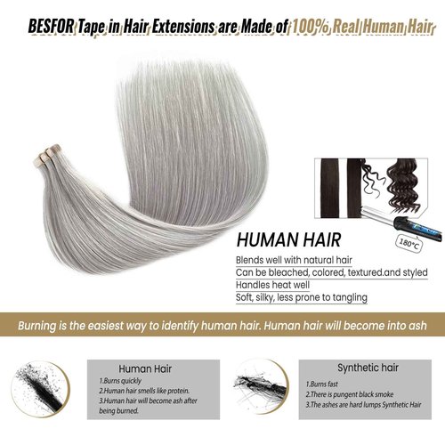 Silver Grey Tape in Hair Extensions Real Human Hair 24 Inch Invisible Seamless PU Tape in Hair Extensions Double Sided Silky Straight Human Hair 50/20pcs