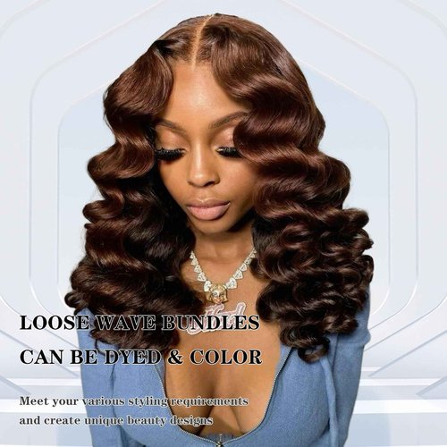 Brown Bundles Human Hair Loose Wave Human Hair 3 Bundles (#4, 12 14 16) 12A 100% Unprocessed Brazilian Virgin Hair Loose Deep Wave Remy Human Hair Extension 4# Color