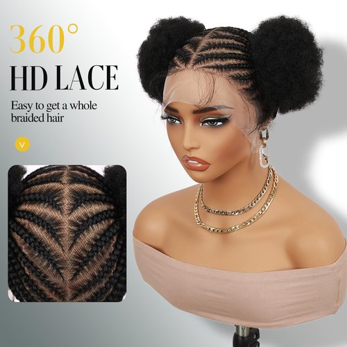 Fancy Hair Braided Wig With Afro Puff Hair HD Transparent 360 Full Lace Glueless Short Afro Wig with Baby Hair for Black Women