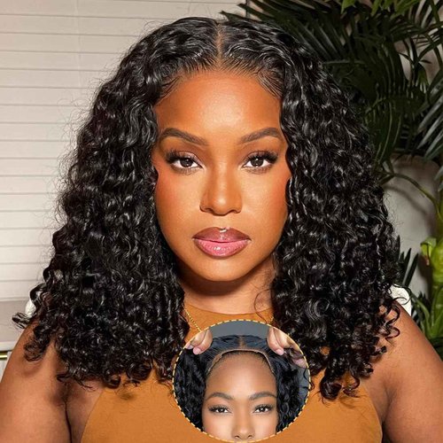 Domiso Glueless Wear and Go Bob Wig Deep Wave Bob Wigs Lace Front Wigs Human Hair Lace Pre Cut Hairline Pre Plucked No Glue Lace Wig Natural Black 12 Inch
