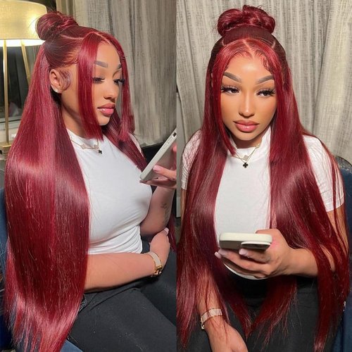 YFFSSJFC 30 Inch 99j Burgundy Lace Front Wigs Human Hair 200% Density 13x6 Hd Lace Front Wigs Human Hair Straight Burgundy Wigs Pre Plucked Pre Cut For Black Woman