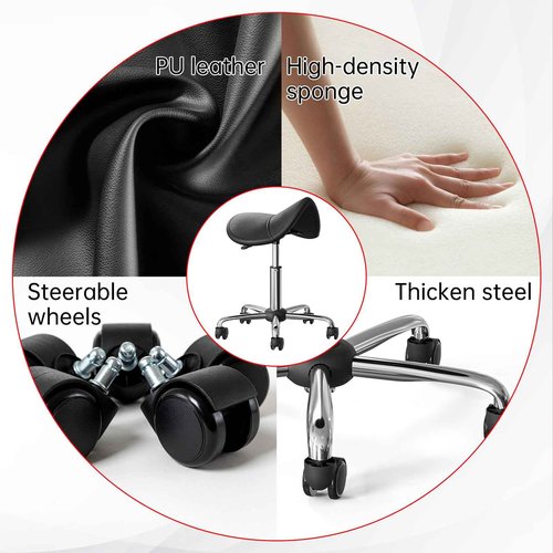 CLORIS Saddle Rolling Stool Hold up to 400 LBS Height Adjustable Swivel Chair Metal Feet with Wheels for Spa, Massage, Salon, Home, Office, Medical, Tatoo, Bar Black