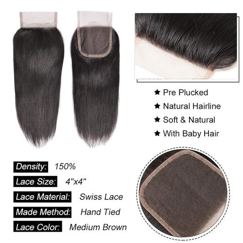 Liang Dian Straight Bundles with closure human hair 16 16 18 18 +16 Inch Human Hair Bundles with Closure HD Lace100% Unprocessed 12A Brazilian Virgin Quick Weave Hair Natural Color