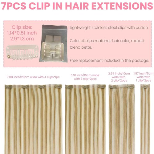 FUOTONBUTY Clip in Extensions Real Human Hair 7pcs, Natural and Seamless 90g (Caramel Blonde to Bleach Blonde, 20 inch)