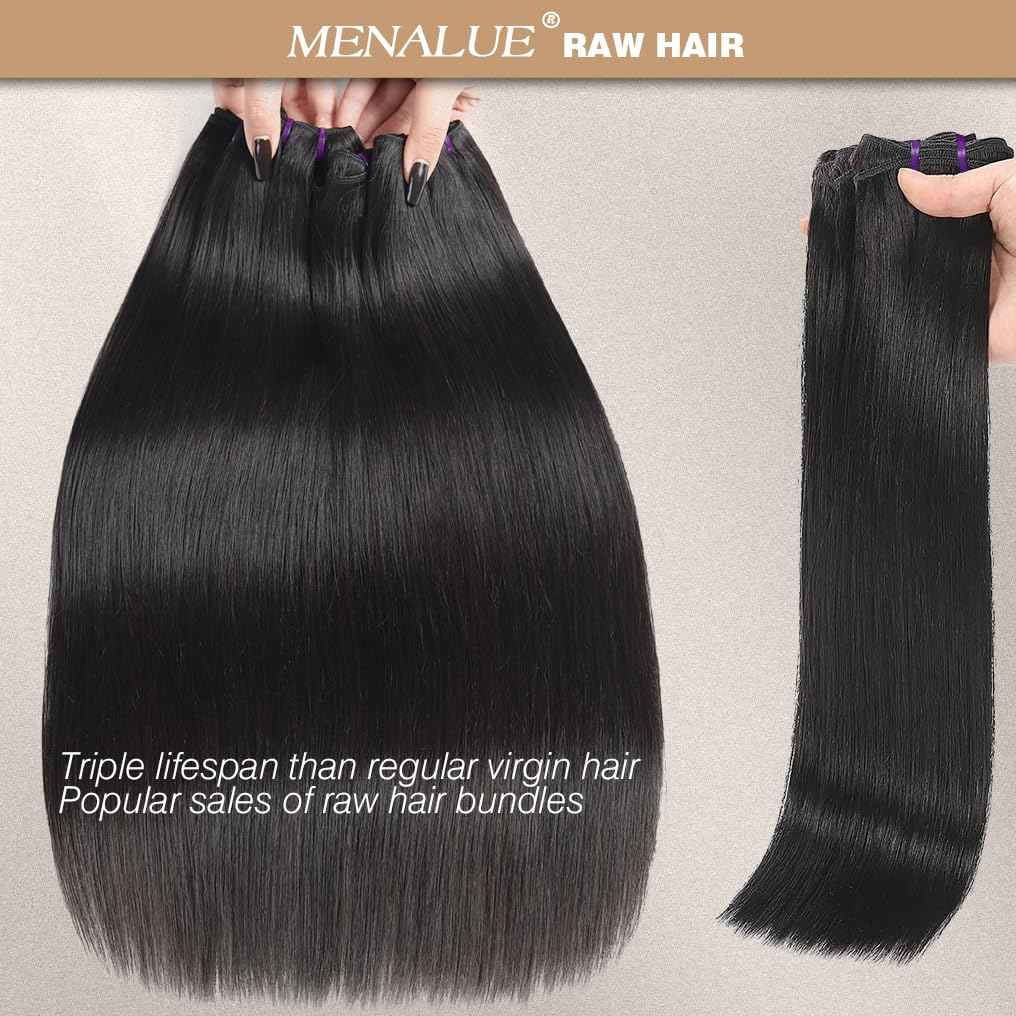 Menalue Human Hair Straight Bundles 14 16 18 Inch 16A Raw Vietnamese Virgin Human Hair Bundles Straight 3 Bundles Human Hair Full and Thick Natural Black Color Hair Extensions
