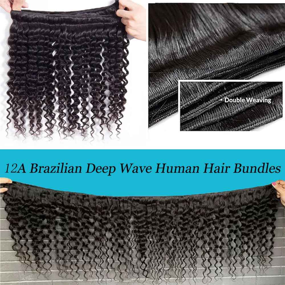 Great Grace 12A Deep Wave Human Hair Bundles 18 20 22 Inch Curly Bundles Human Hair 100% Unprocessed 3 Bundle Brazilian Virgin Human Hair Extensions Quick Weave Natural Black Color