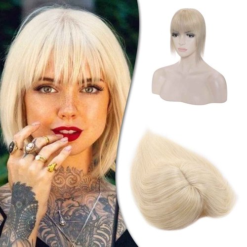 Hairro Real Hair Toppers With Bangs For Women Remy Clip In Topper Hairpiece Toupee For Thinning Hair 14 Inch 44g #60 Platinum Blonde