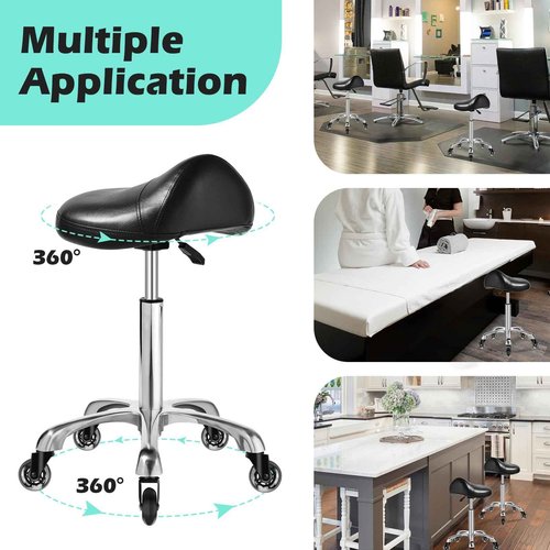 Ergonomic Saddle Stool with wheels - Upgraded Thicker Leather Seat Cushion, Healthy Posture Correction, Silky Smooth Gliding, Adjustable Rolling Saddle Stool Chair for Salon Medical Massage, Black